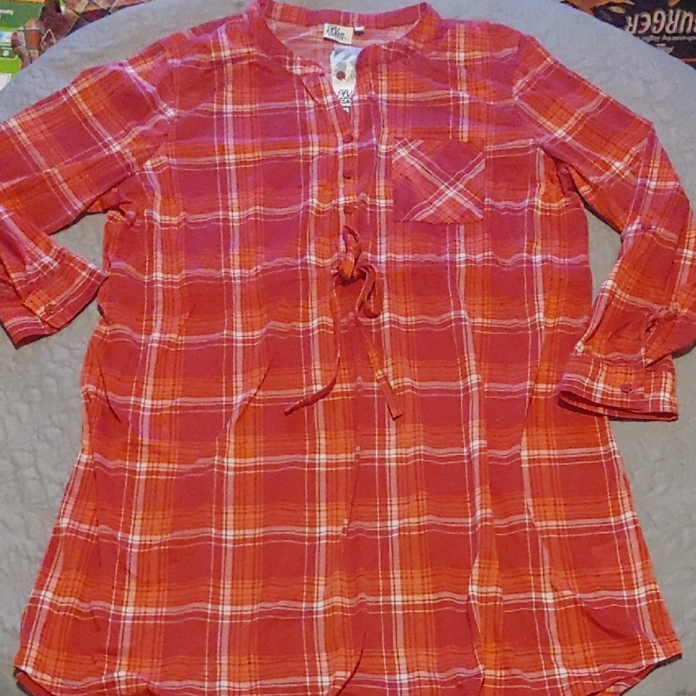 Red Plaid Button-Up Tunic